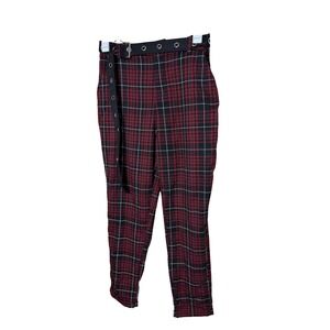 Hot Topic Plaid Belted Trousers Womens XL Red Black High Rise Buckle Detail